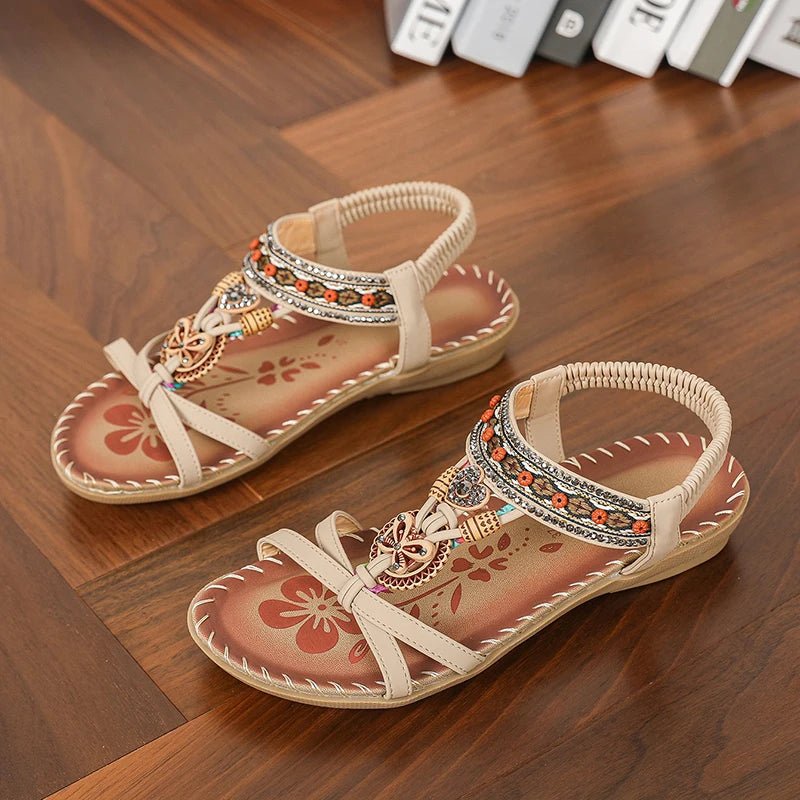 Women’s Boho Beaded Strap Sandals – Casual Summer Walking Shoes