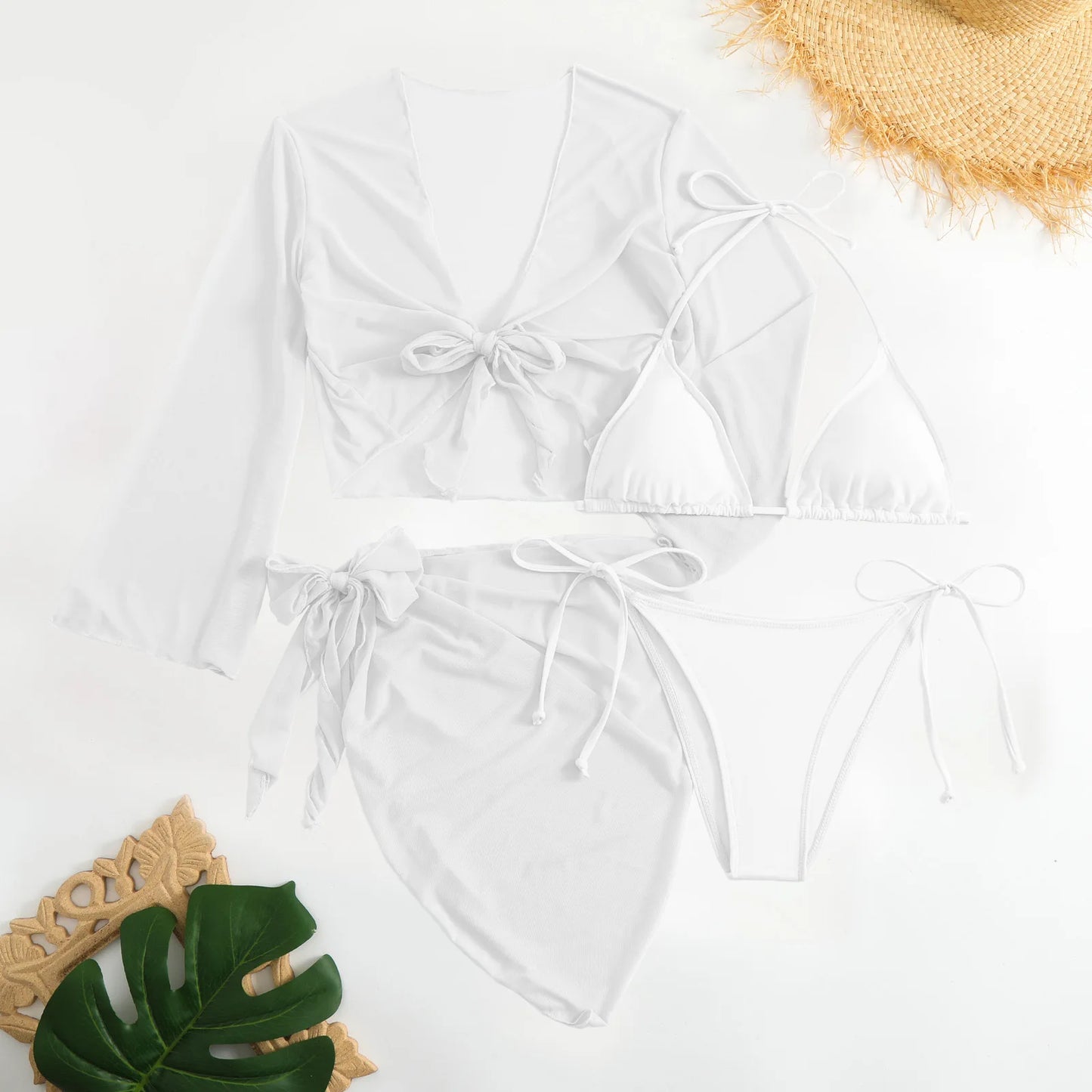 Women’s 4-Piece Wrap Bikini Set with Mesh Skirt