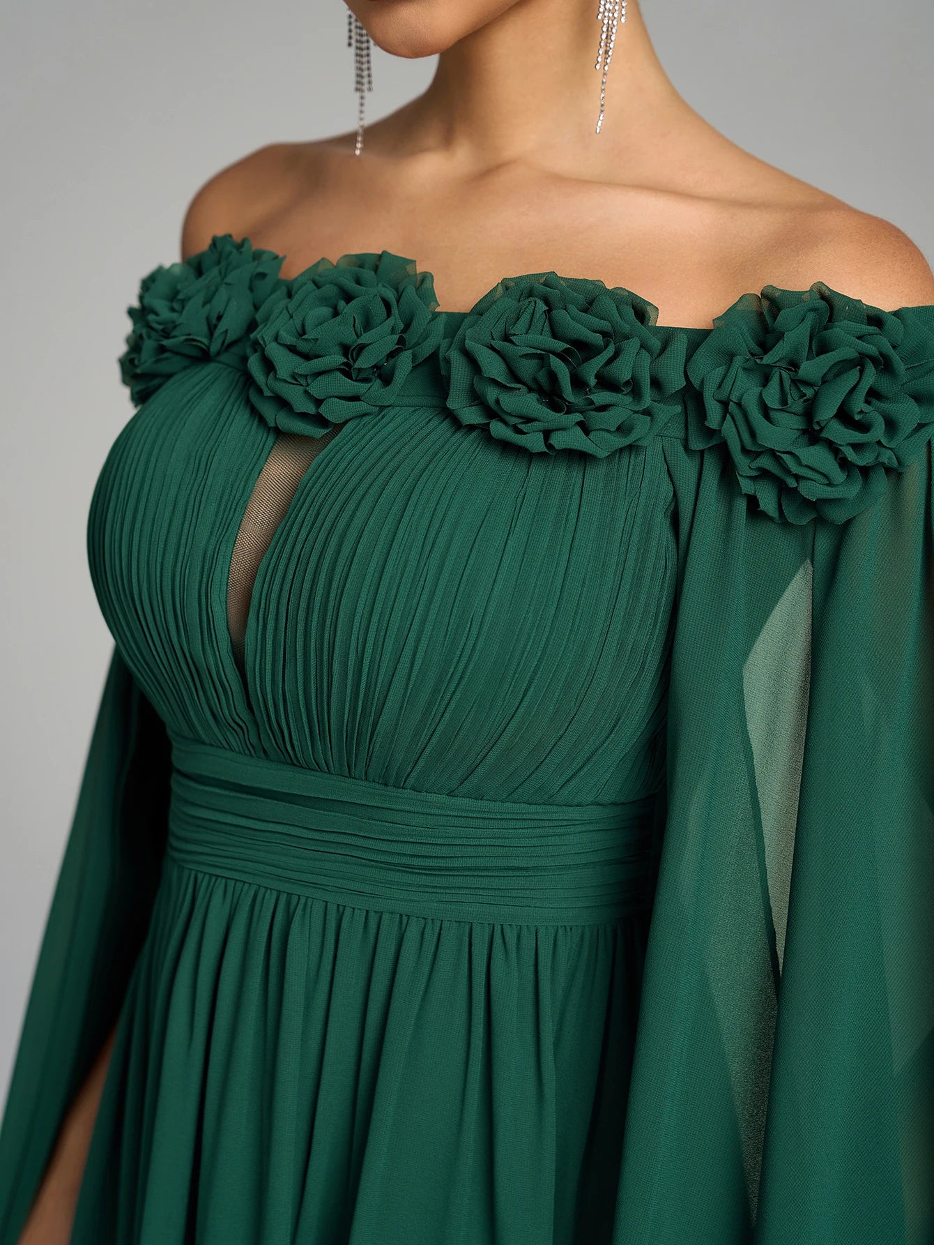 Women’s One-Shoulder Chiffon Evening Gown – Flared Sleeves, Pleated Waist - The Dock Drop