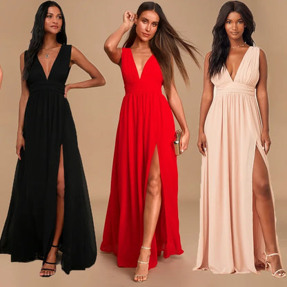 Backless deep-V chiffon maxi dress with slit – formal evening gown for women and teens