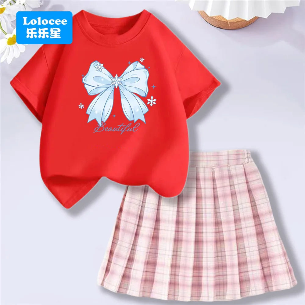 Girls’ T-Shirt & Plaid Skirt Set – 2 Piece Outfit