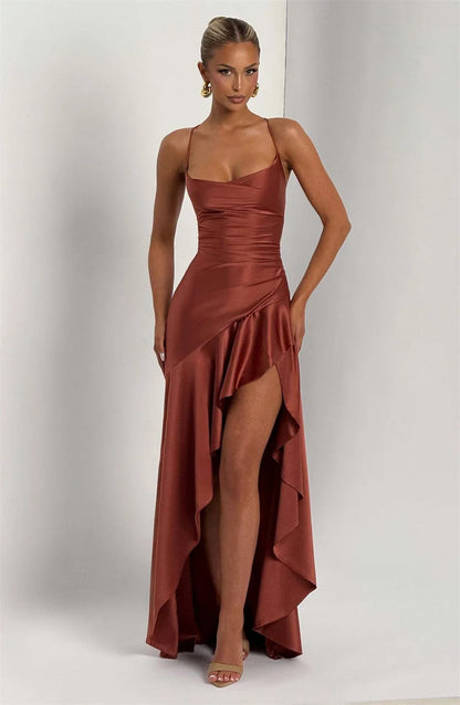Women’s Satin Spaghetti Strap Maxi Dress – Ruffle Thigh Split, Backless