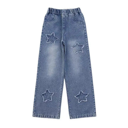 Kids’ Star Patch Wide-Leg Jeans – Elastic Waist, Comfy Street Style