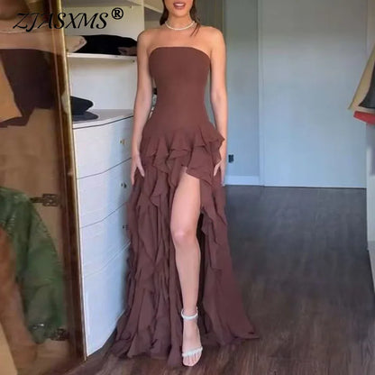 Vestidos Elegant Ruffle Slit Ball Gowns Dresses Woman Sexy Strapless Slim Long Dess Summer Sleeveless Backless Hollow Maxi Dress