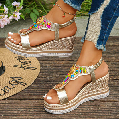 Women’s Boho Platform Wedge Sandals – Beaded Summer Comfort Shoes