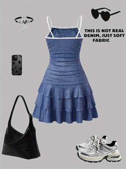 Girls' Denim-Look Ruffle Mini Dress