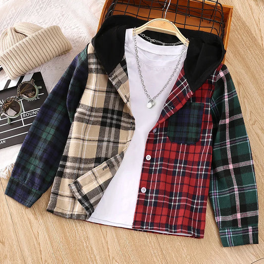 Kids Plaid Hooded Shirt – Multi-Color Button-Up, Long Sleeve