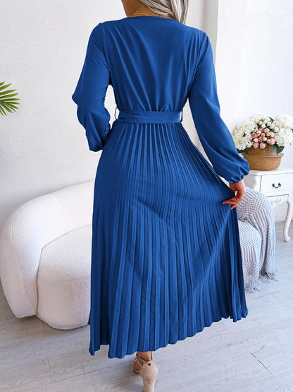 Women’s Pleated V-Neck Maxi Dress – Long Sleeve, Belted Waist