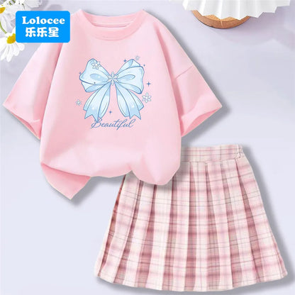 Girls’ T-Shirt & Plaid Skirt Set – 2 Piece Outfit