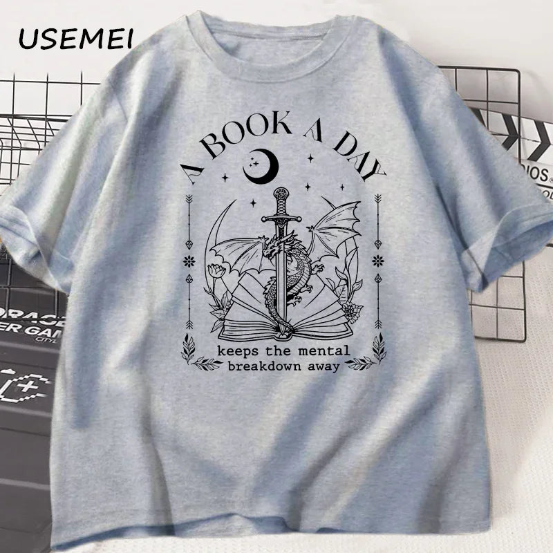Unisex Graphic Cotton Tee – “A Book a Day” Fantasy Reader Shirt - The Dock Drop