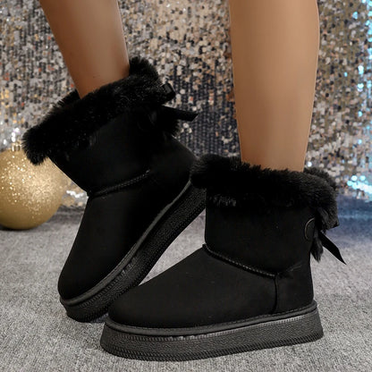 Women’s Bow Faux Fur Winter Boots – Plush Warm Slip – on Snow Style – Black – 39