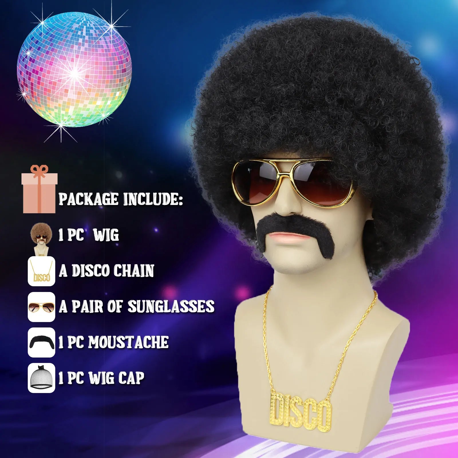 Men’s 70s Disco Wig & Accessories Set – Afro Wig, Mustache, Shades & Disco Chain