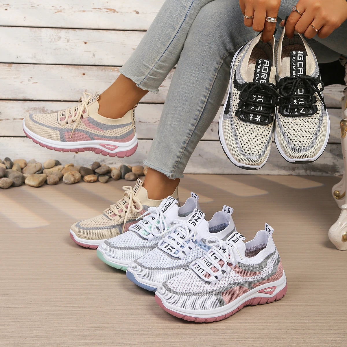Women’s Lightweight Patchwork Lace-Up Sneakers – Casual Travel Walking Shoes
