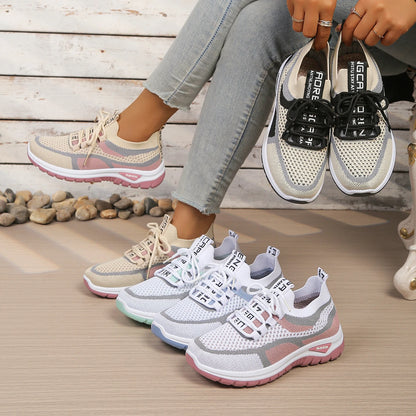 Women’s Lightweight Patchwork Lace-Up Sneakers – Casual Travel Walking Shoes