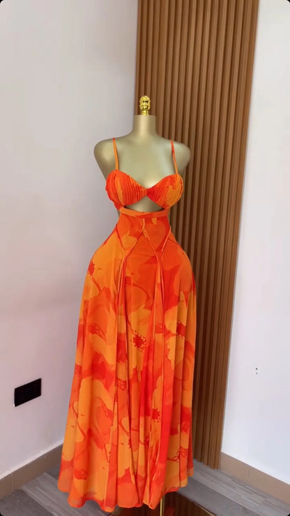 Women’s Floral Maxi Dress – Backless Spaghetti Strap Swing Dress