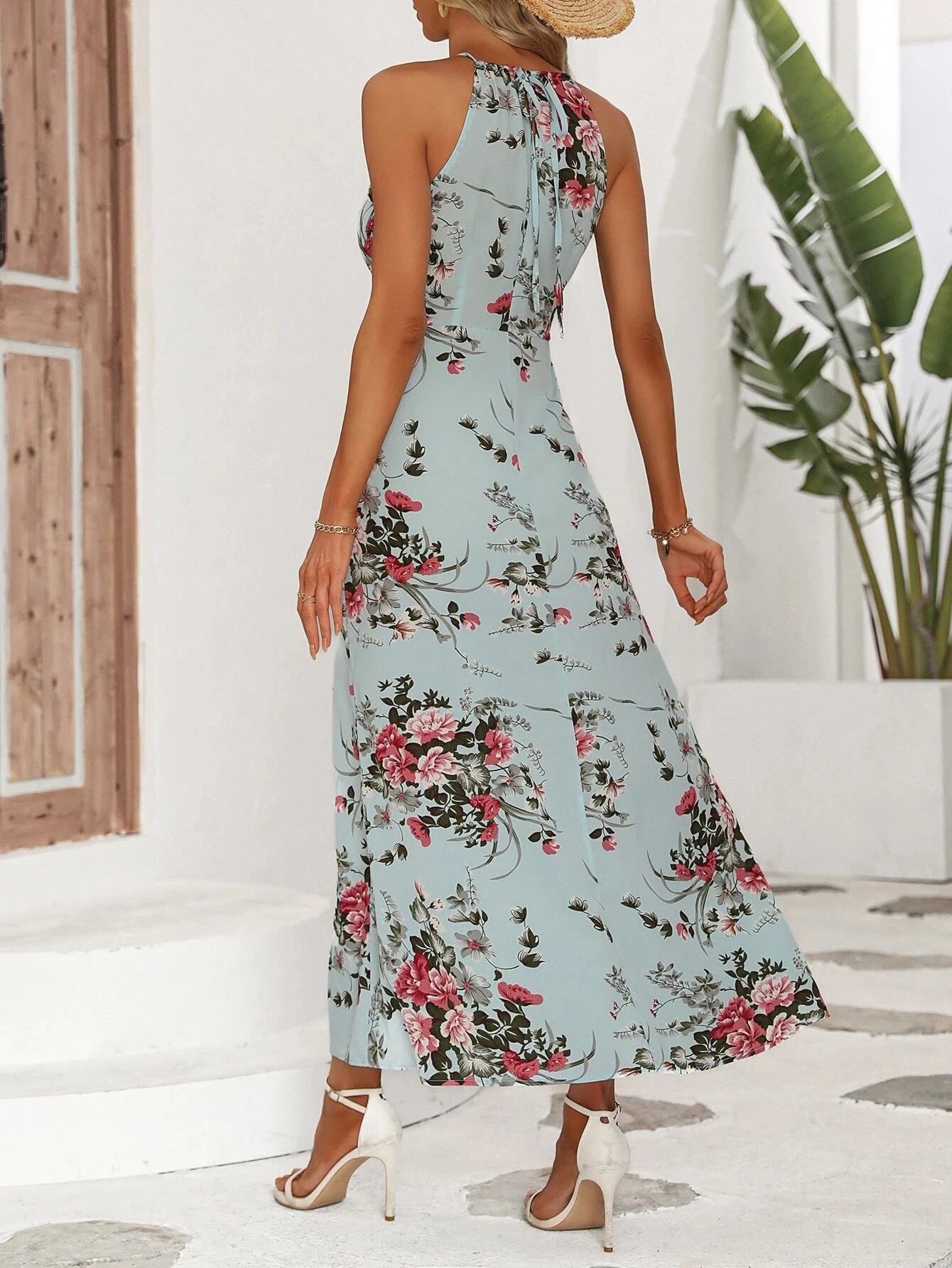 Women’s Floral High-Slit Halter Dress – Sleeveless, Summer Maxi