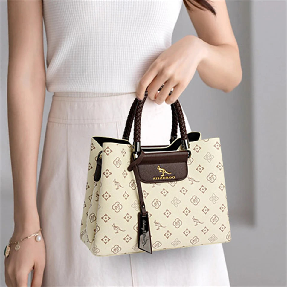 Elegant Pattern Tote – Kangaroo Brown Shoulder Handbag with Braided Handle