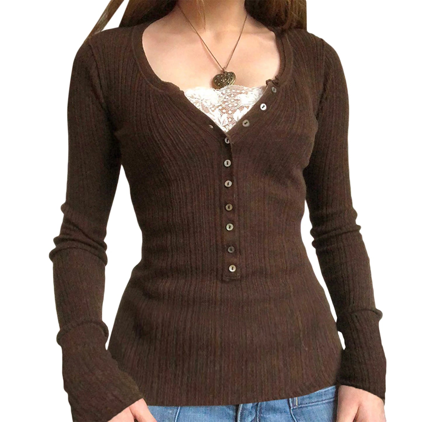Women’s Ribbed Button-Front Knit Top – Slim Fit Long Sleeve