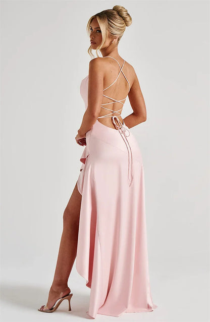 Women’s Satin Spaghetti Strap Maxi Dress – Ruffle Thigh Split, Backless