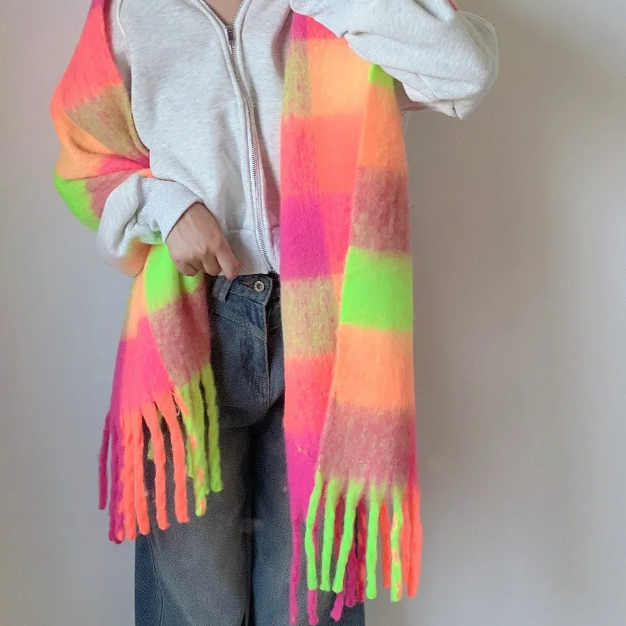 Women’s & Teens Plaid Fringe Scarf – Oversized Warm Wrap