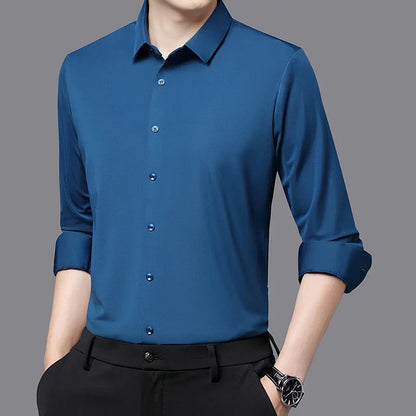 Men’s Ultra-Stretch Long-Sleeve Shirt – Silky Feel, Smart Casual Fit