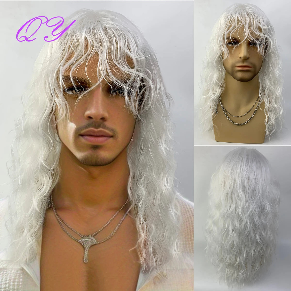 Synthetic Men Wig Natural Curly Dark Brown Color Male Wig With Bangs Water Wave Daily or Cosplay Adjustable Man Hair Wig