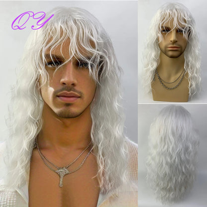 Synthetic Men Wig Natural Curly Dark Brown Color Male Wig With Bangs Water Wave Daily or Cosplay Adjustable Man Hair Wig