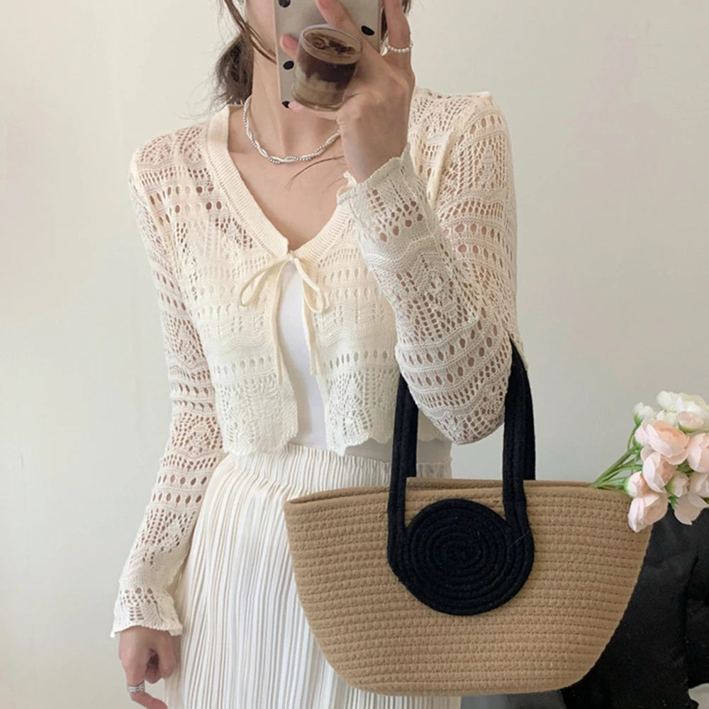 Women’s & Teens’ Crochet Tie-Front Shrug – Cropped Long Sleeve