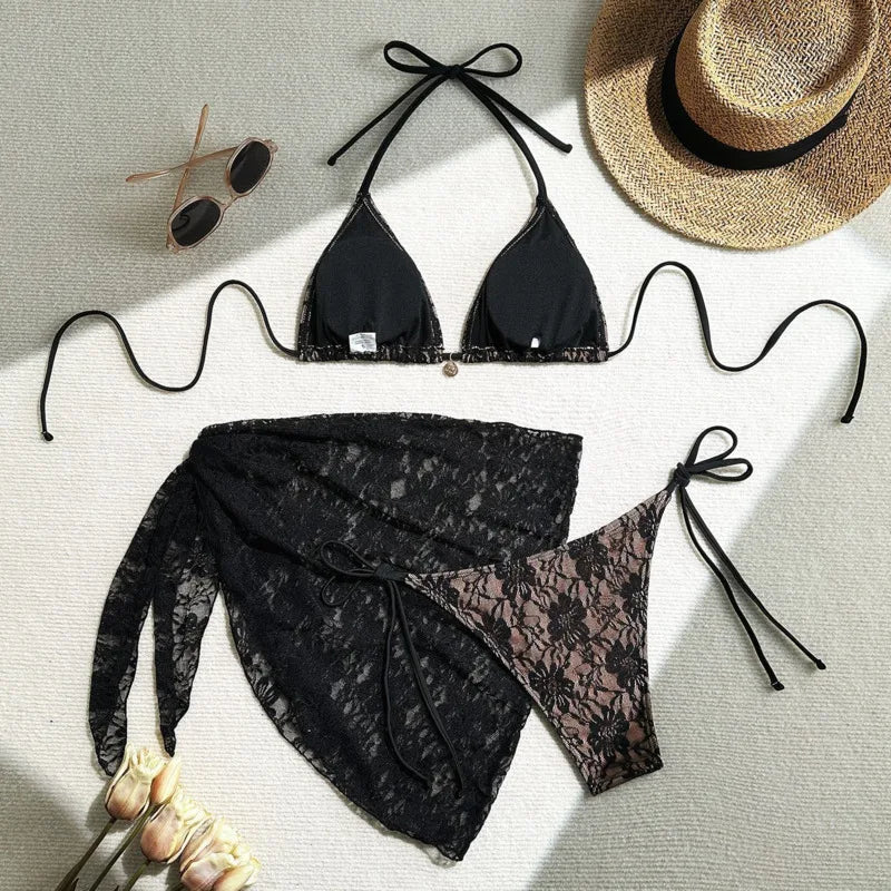 Women’s Lace Triangle Bikini Set with Cover-Up – 3 Piece