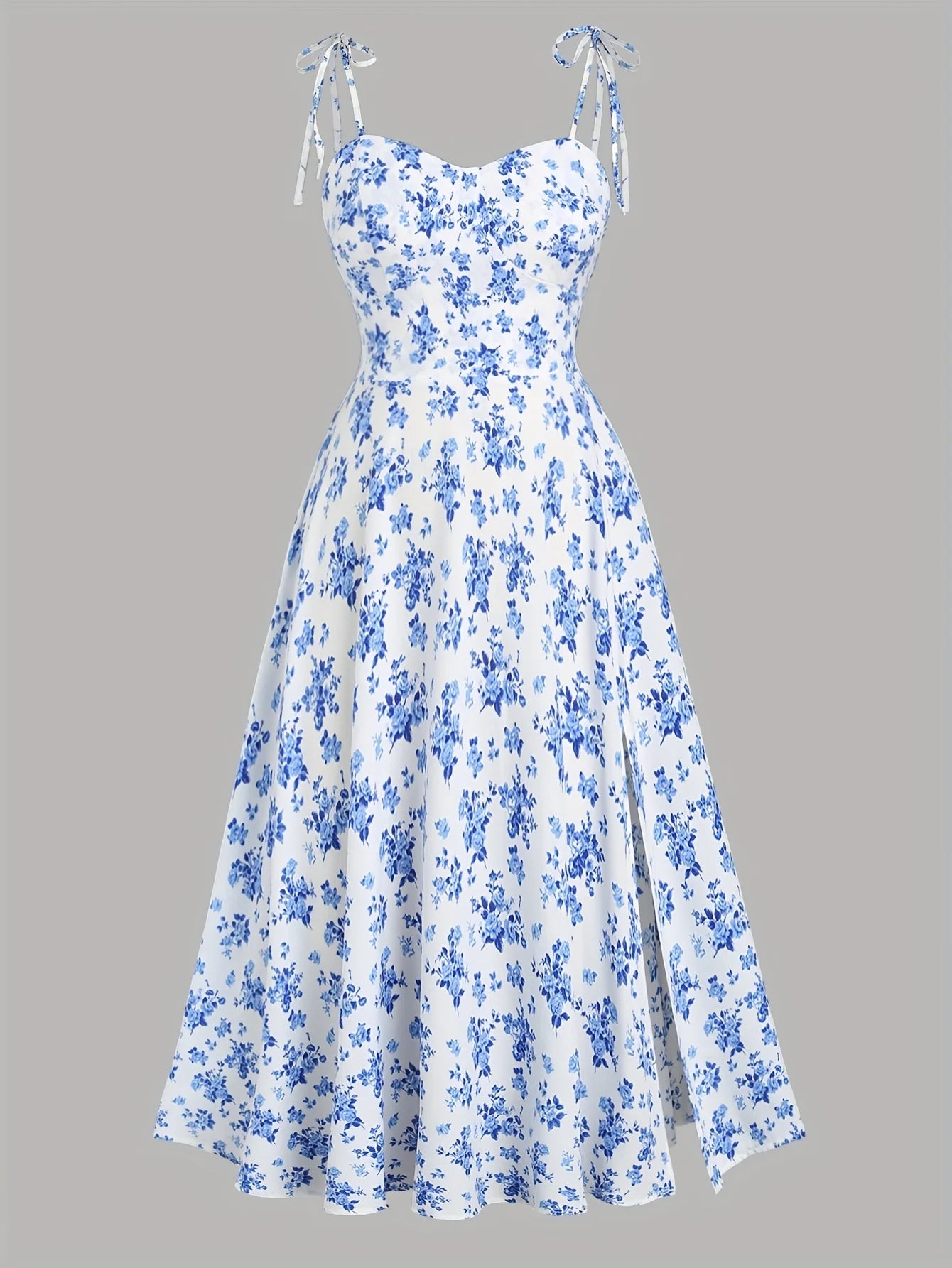 Women’s Floral A-Line Bow-Tie Dress – Sweetheart Neck, Adjustable Straps