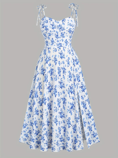 Women’s Floral A-Line Bow-Tie Dress – Sweetheart Neck, Adjustable Straps