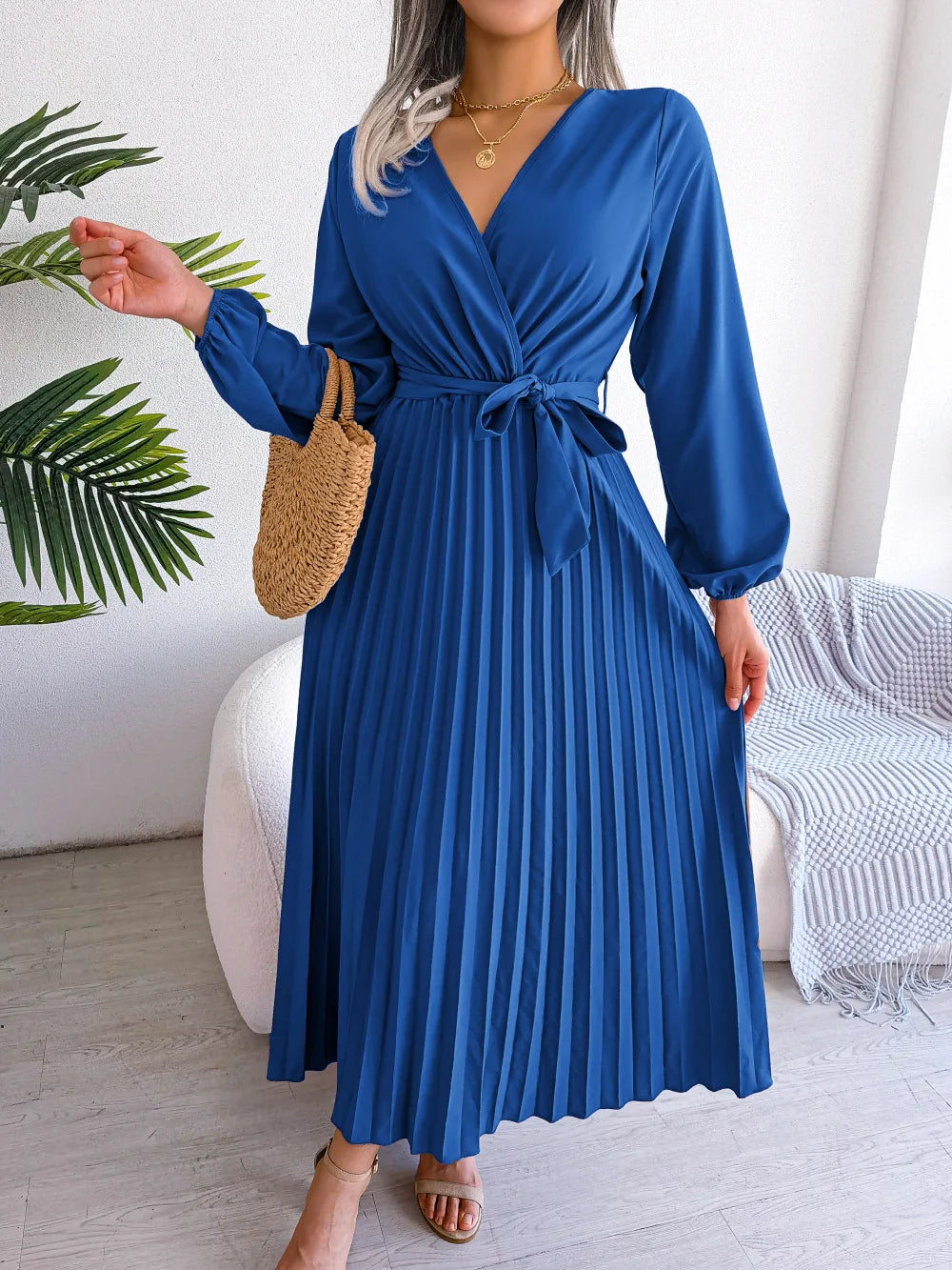 Women’s Pleated V-Neck Maxi Dress – Long Sleeve, Belted Waist
