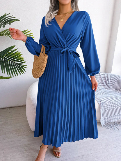 Women’s Pleated V-Neck Maxi Dress – Long Sleeve, Belted Waist