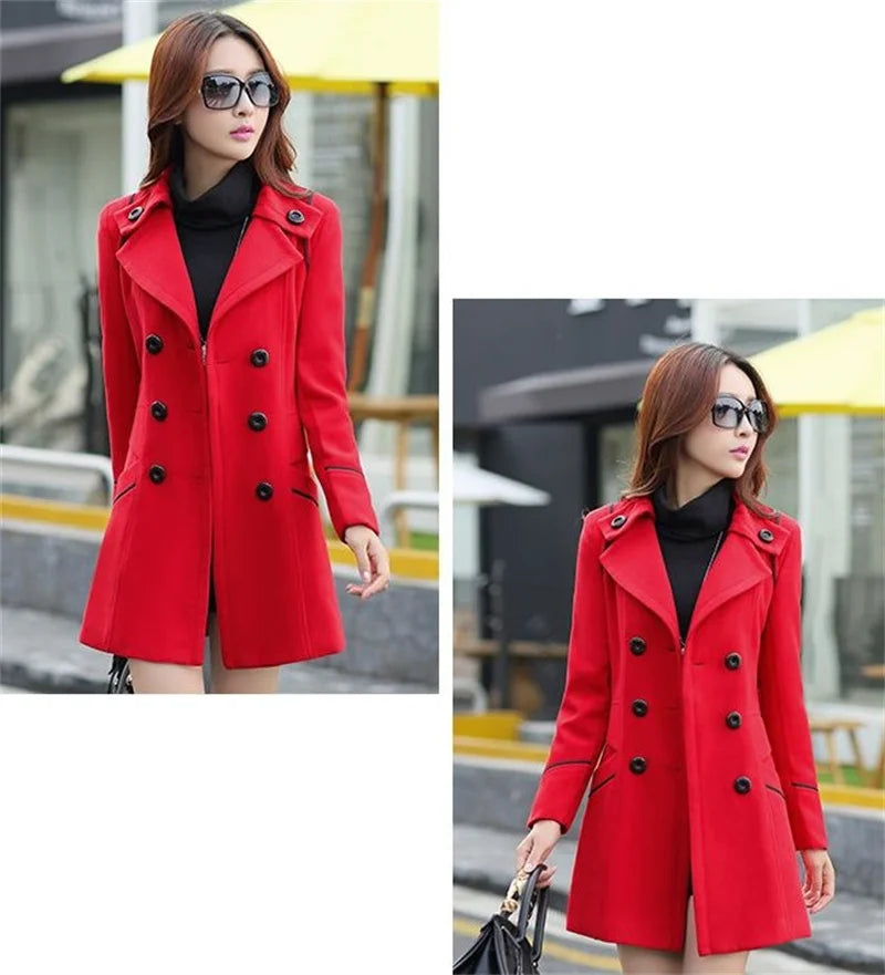 Women’s Wool-Blend Double-Breasted Coat – Classic Long Peacoat