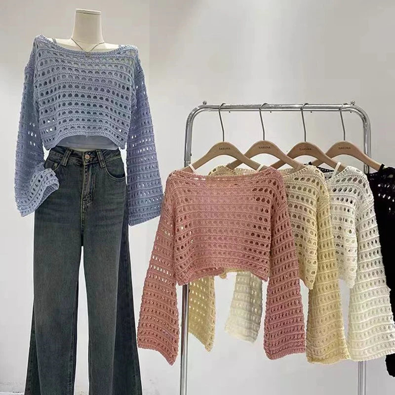 Women’s Crochet Knit Crop Top – Lightweight Summer Pullover