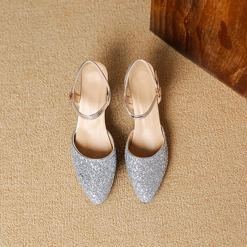 Women's Glitter Closed-Toe Kitten Heels with Ankle Strap