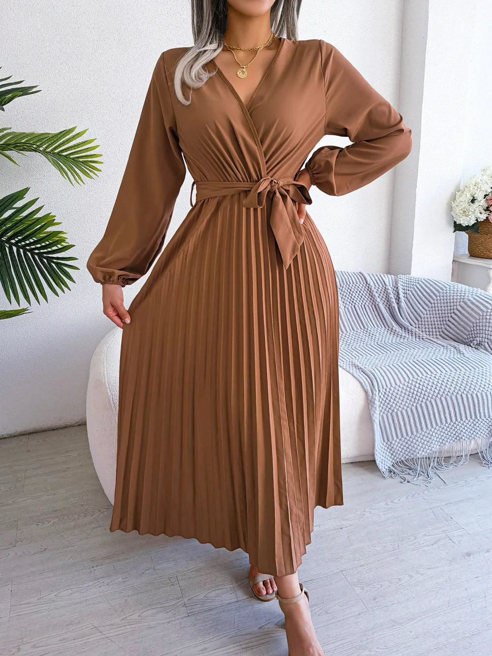 Women’s Pleated V-Neck Maxi Dress – Long Sleeve, Belted Waist