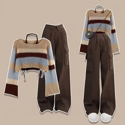 Two outfits with a striped sweater and brown pants on a beige background