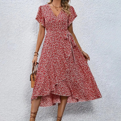 Printed Wrap-Style Tie-Side Vacation Dress