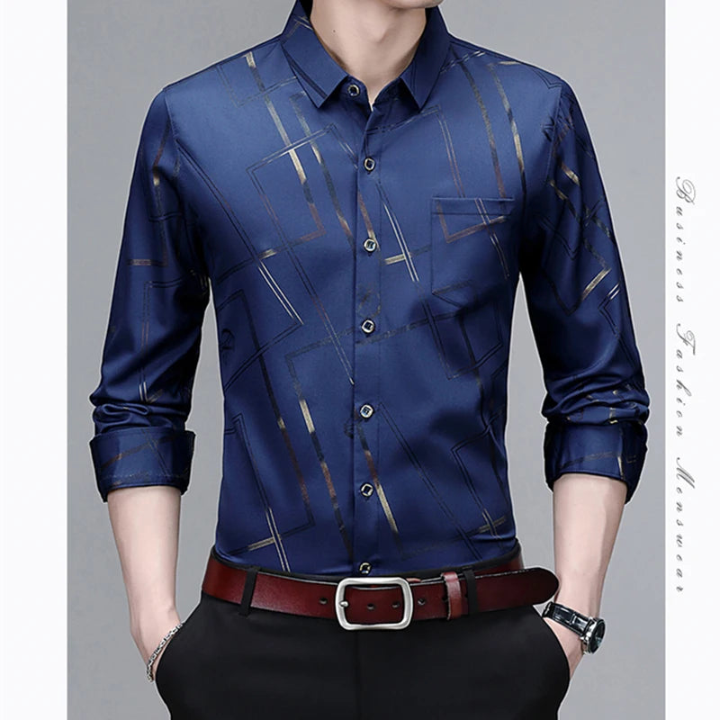 Men's Casual and Fashionable Long Sleeved Printed Shirt, Non Ironing and Wrinkle Resistant Business Top - The Dock Drop