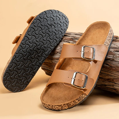 Men’s Double – Buckle Cork Slides – Comfortable Summer Sandals – Brown – 44