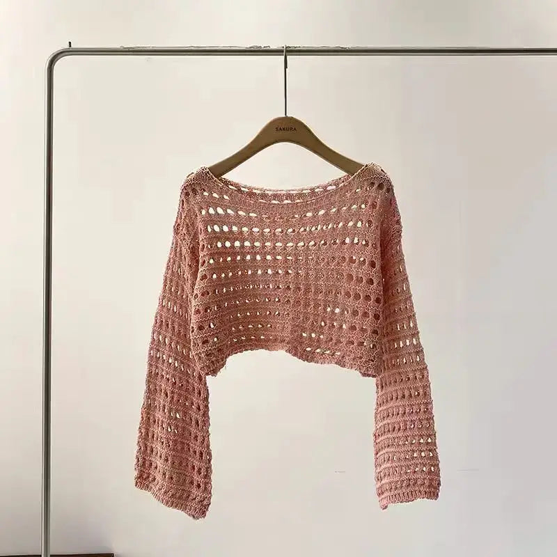 Women’s Crochet Knit Crop Top – Lightweight Summer Pullover