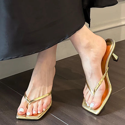 Women’s Strappy Heeled Flip Flop Sandals – Square Toe Slip-On Heels