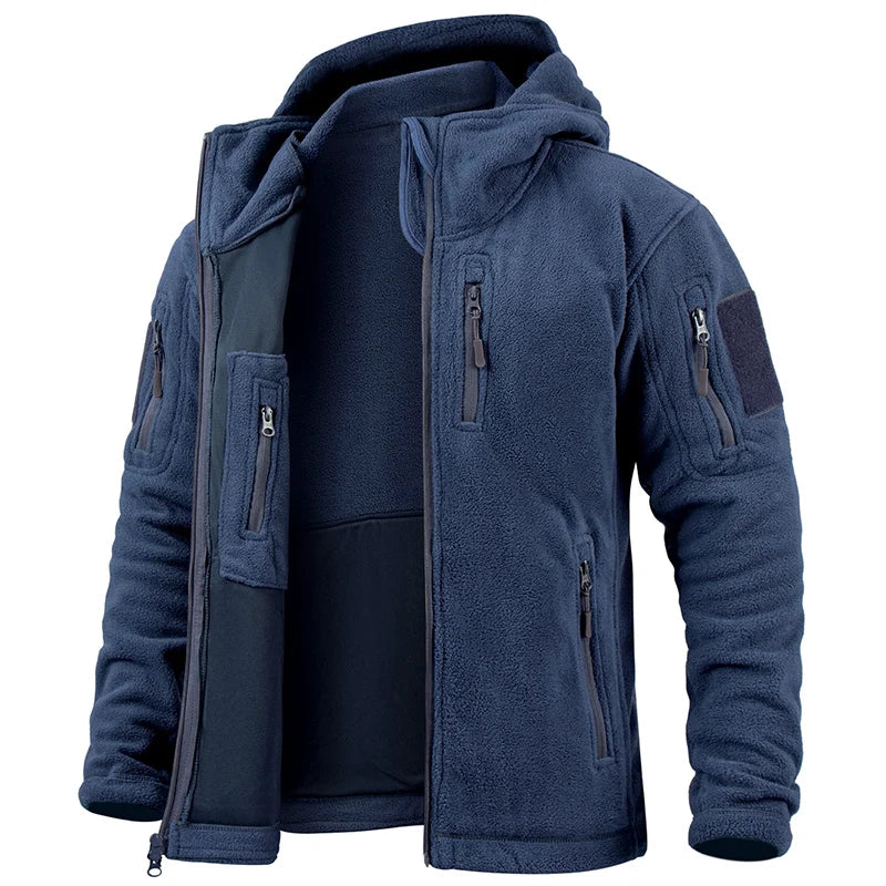 Men’s Fleece Zip-Up Hooded Jacket – Warm, Multi-Pocket, Outdoor Ready