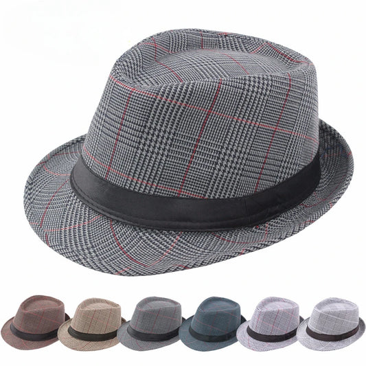 Plaid fedora hat with a black band on a white background, with color swatches below.
