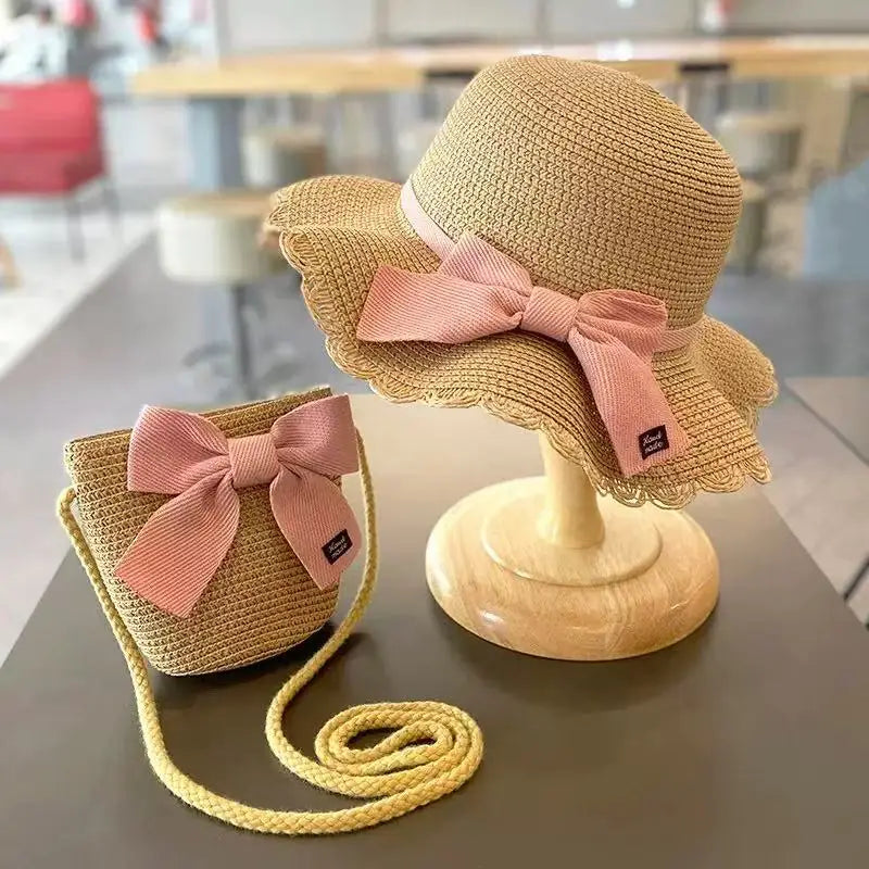 Kids Straw Hat & Bag Set – Summer Bow Sun Hat with Matching Crossbody Purse