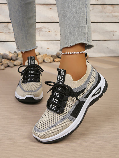 Women’s Lightweight Patchwork Lace-Up Sneakers – Casual Travel Walking Shoes