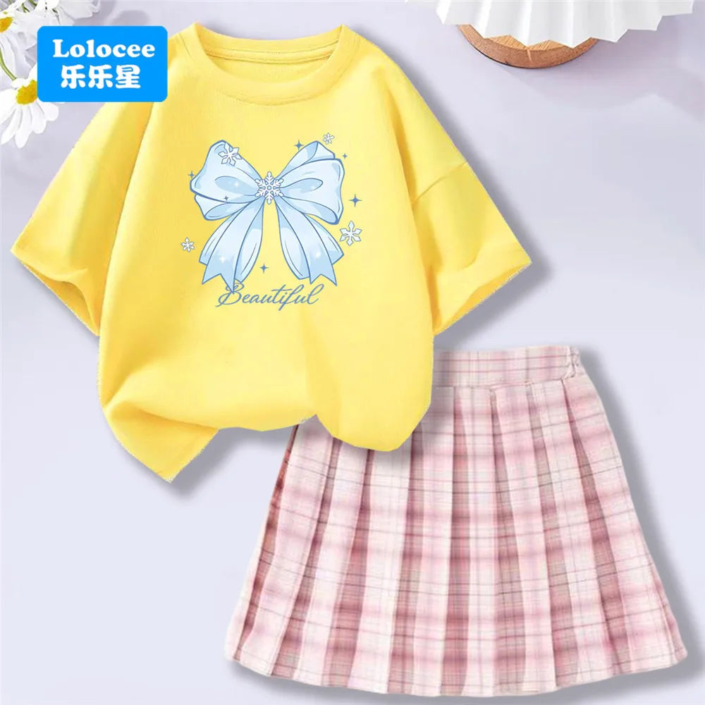 Girls’ T-Shirt & Plaid Skirt Set – 2 Piece Outfit