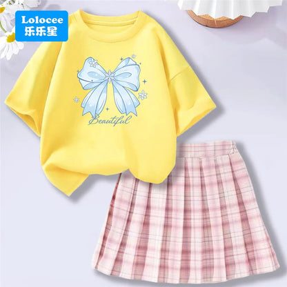Girls’ T-Shirt & Plaid Skirt Set – 2 Piece Outfit