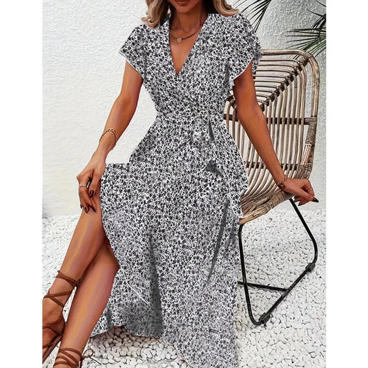 Printed Wrap-Style Tie-Side Vacation Dress